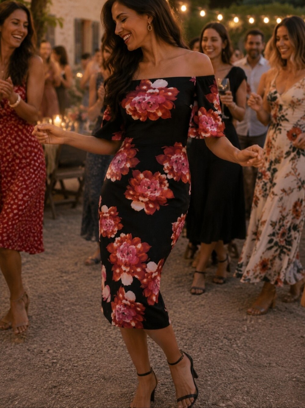 Bisou Bisou Floral Midi Dress L Black Pink Off Shoulder Fitted Occasion